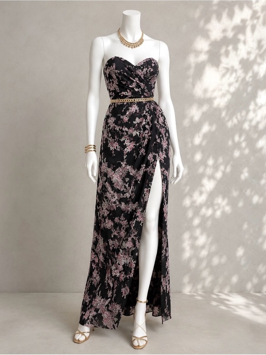 REVOLVE Dresses & Skirts - Chrissy Teigen x Revolve Evening Dress XS Black Floral Strapless Shirt Homecomin